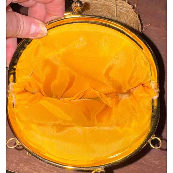 Vintage Gold Sequin Beaded Evening Bag Yellow Satin Kiss Lock Chain Strap Purse - Picture 6 of 7